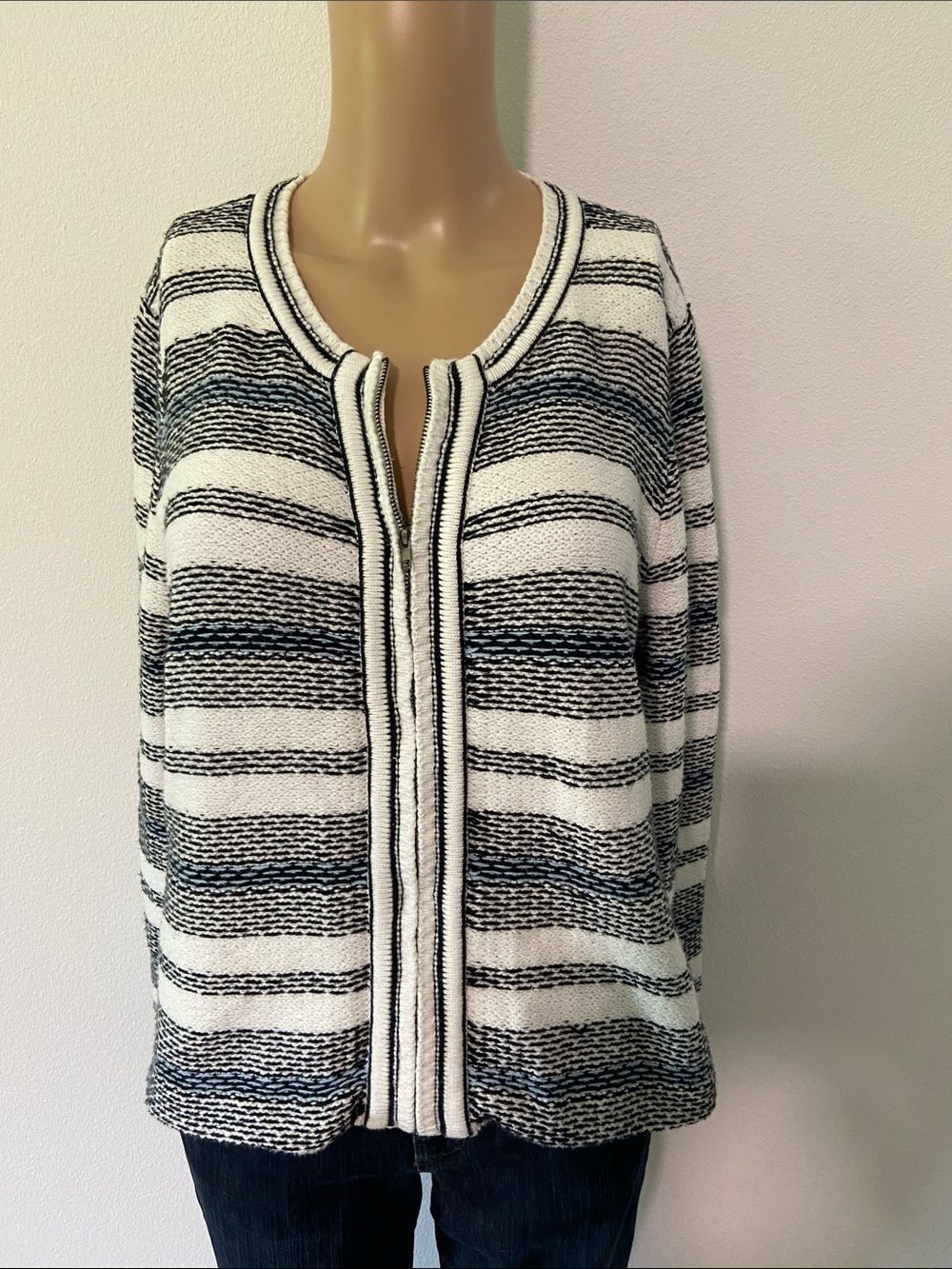 Appleseed's Black & White Striped Zip-Front Cardigan Sz PM